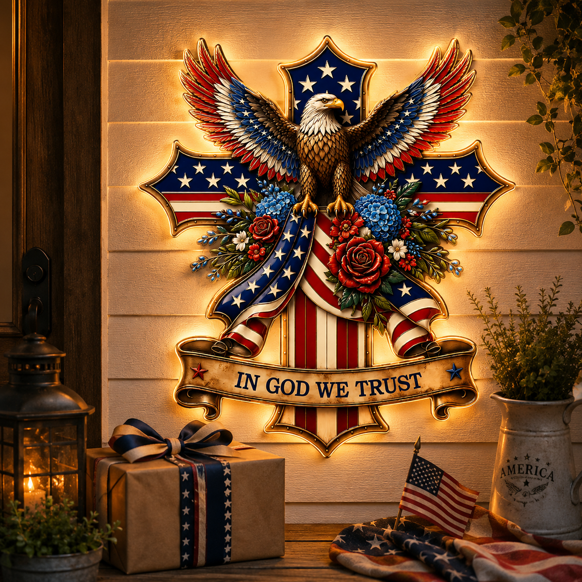 In God We Trust Patriotic Metal Sign, Personalized Eagle Cross LED Decor, American Flag Yard Sign for Garden — main 17