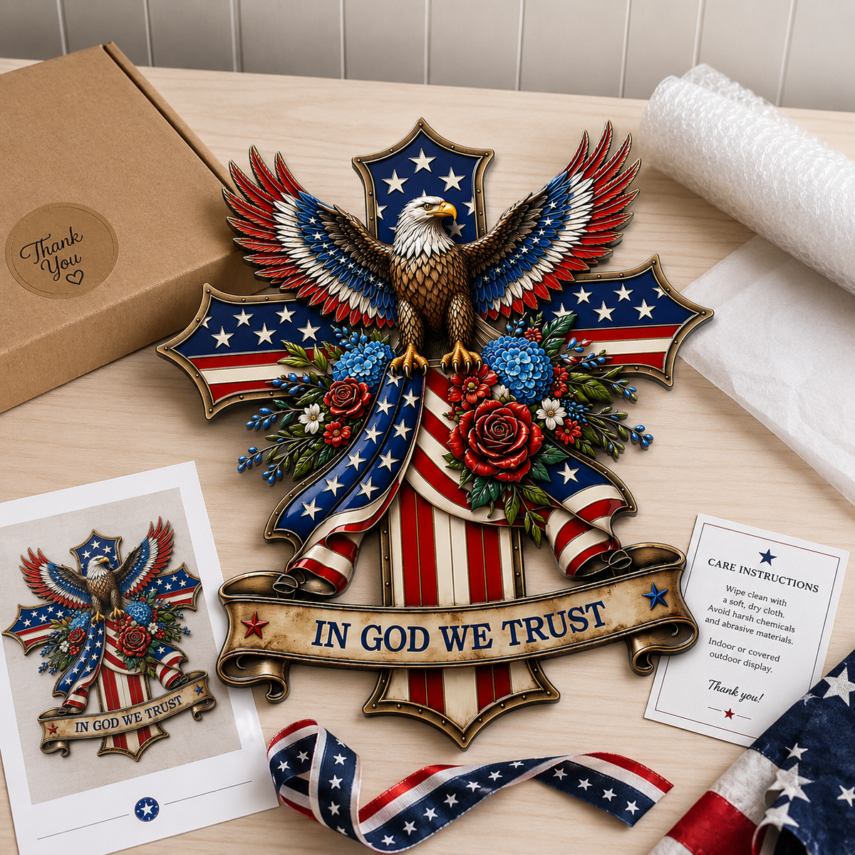 In God We Trust Patriotic Metal Sign, Personalized Eagle Cross LED Decor, American Flag Yard Sign for Garden — main 19