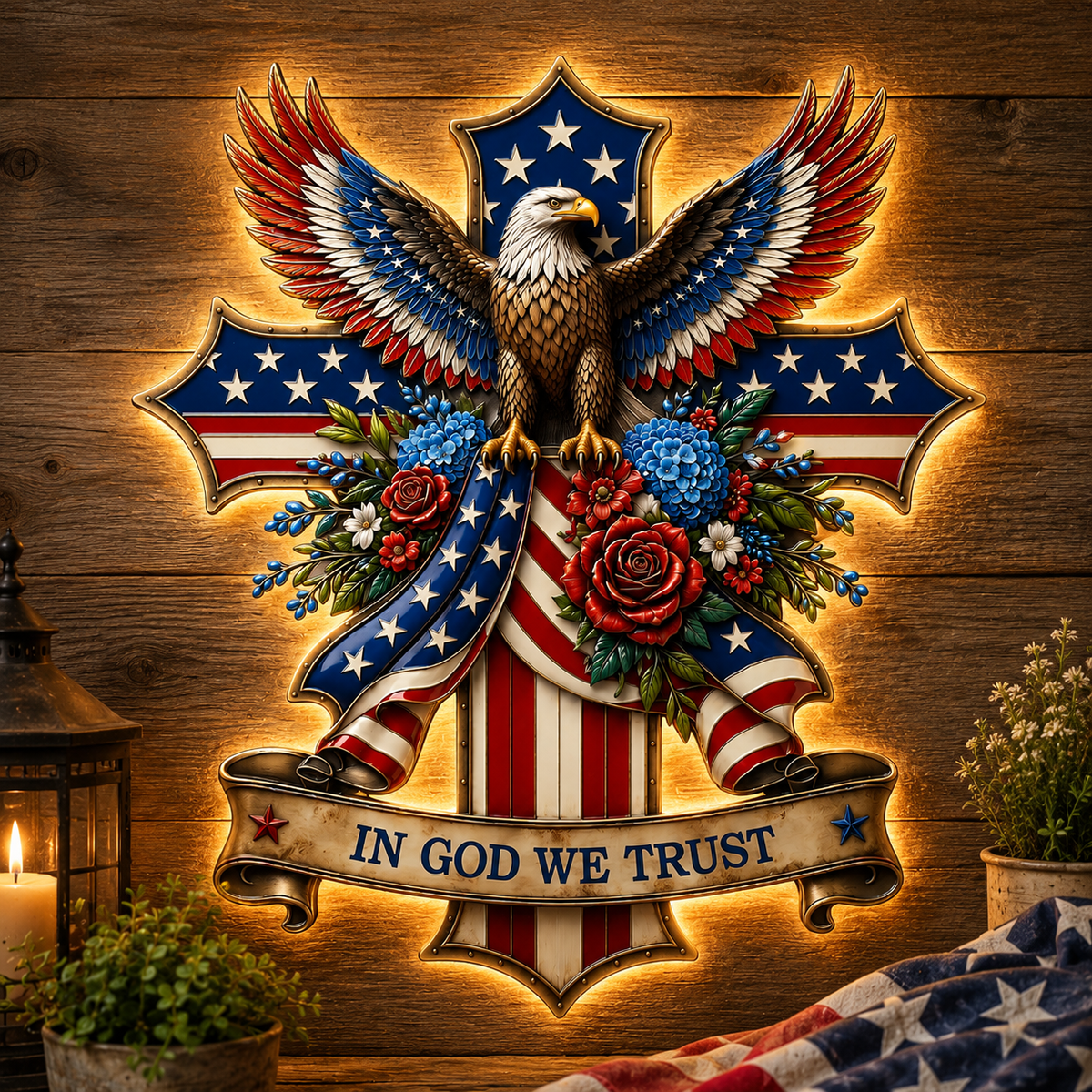 In God We Trust Patriotic Metal Sign, Personalized Eagle Cross LED Decor, American Flag Yard Sign for Garden — main 12