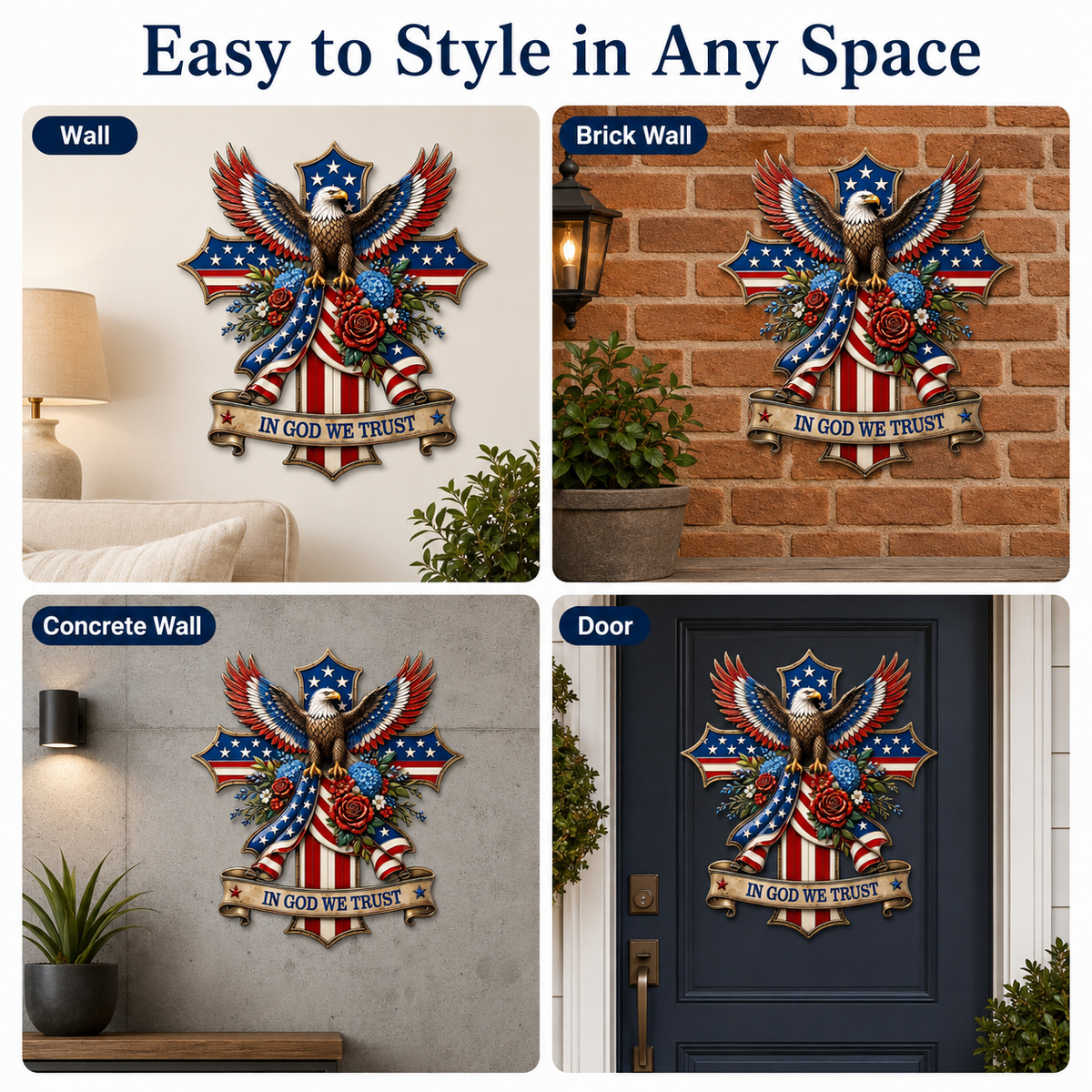 In God We Trust Patriotic Metal Sign, Personalized Eagle Cross LED Decor, American Flag Yard Sign for Garden — main 9