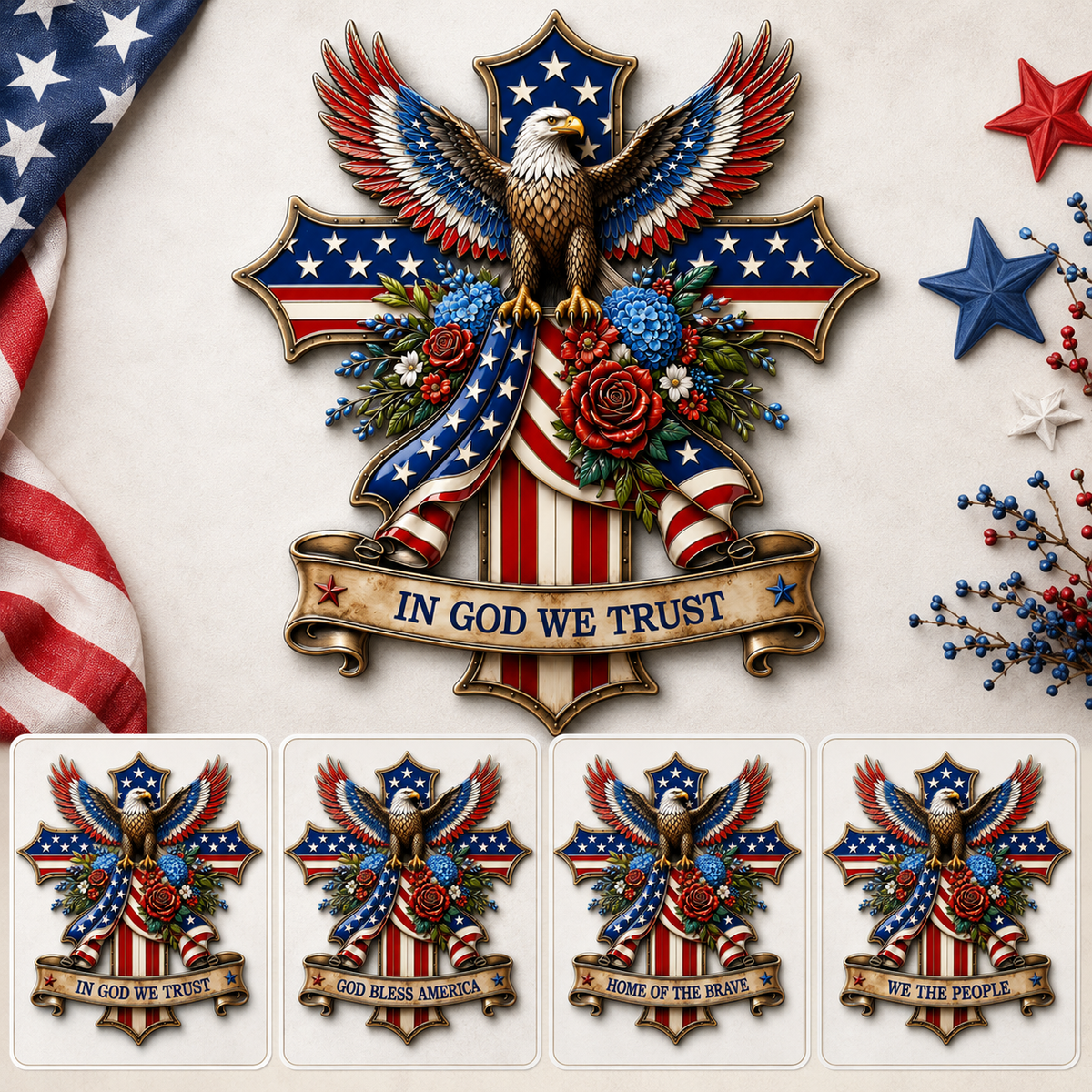 In God We Trust Patriotic Metal Sign, Personalized Eagle Cross LED Decor, American Flag Yard Sign for Garden — main 13