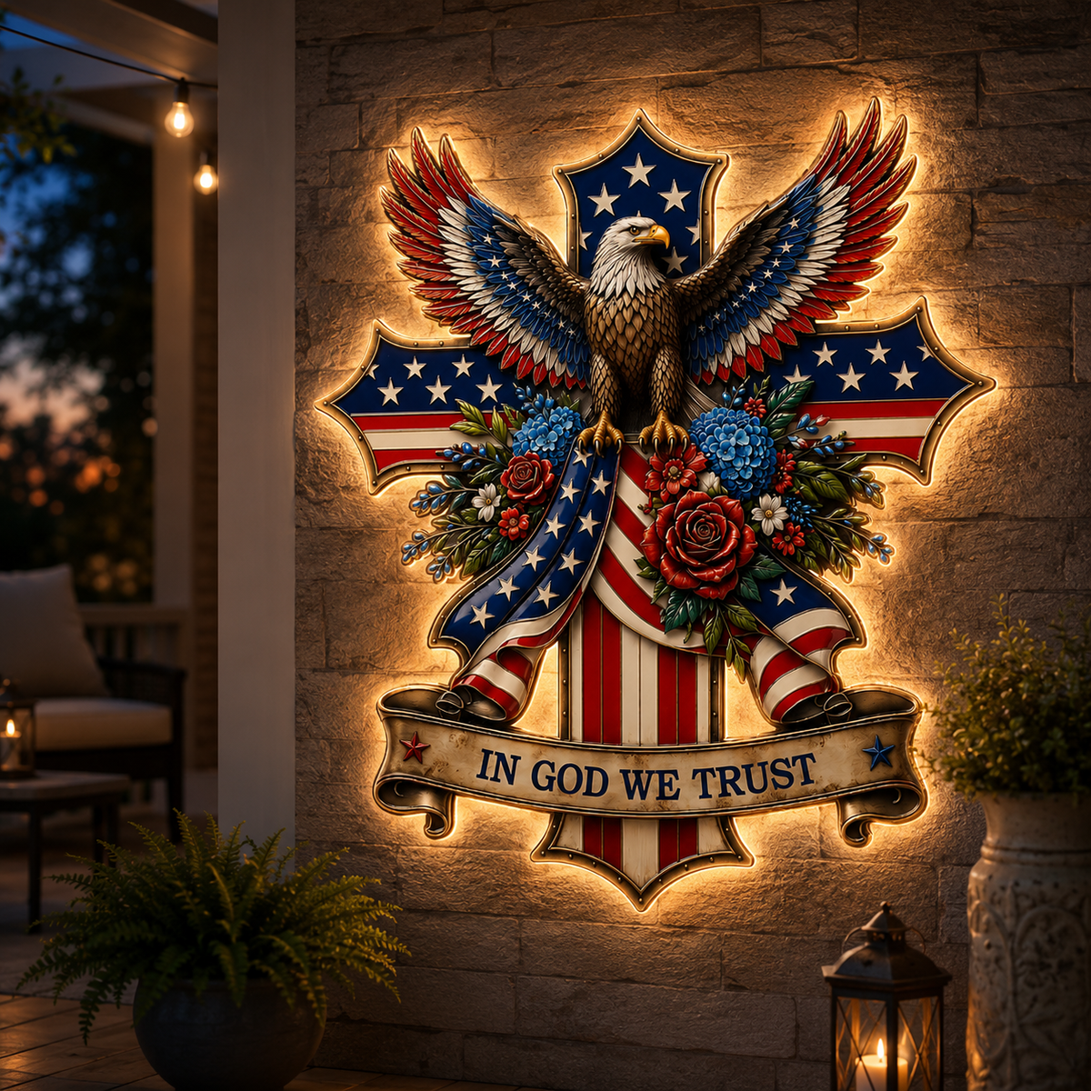 In God We Trust Patriotic Metal Sign, Personalized Eagle Cross LED Decor, American Flag Yard Sign for Garden — main 18