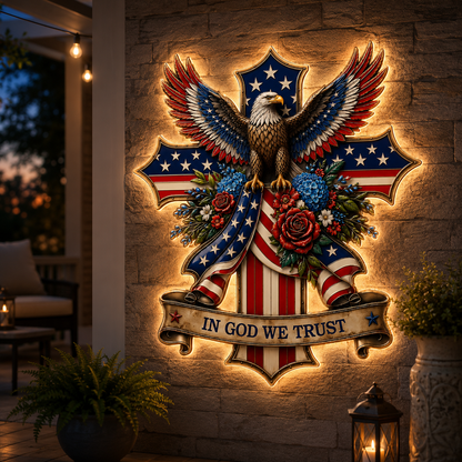 In God We Trust Patriotic Metal Sign, Personalized Eagle Cross LED Decor, American Flag Yard Sign for Garden — main 18