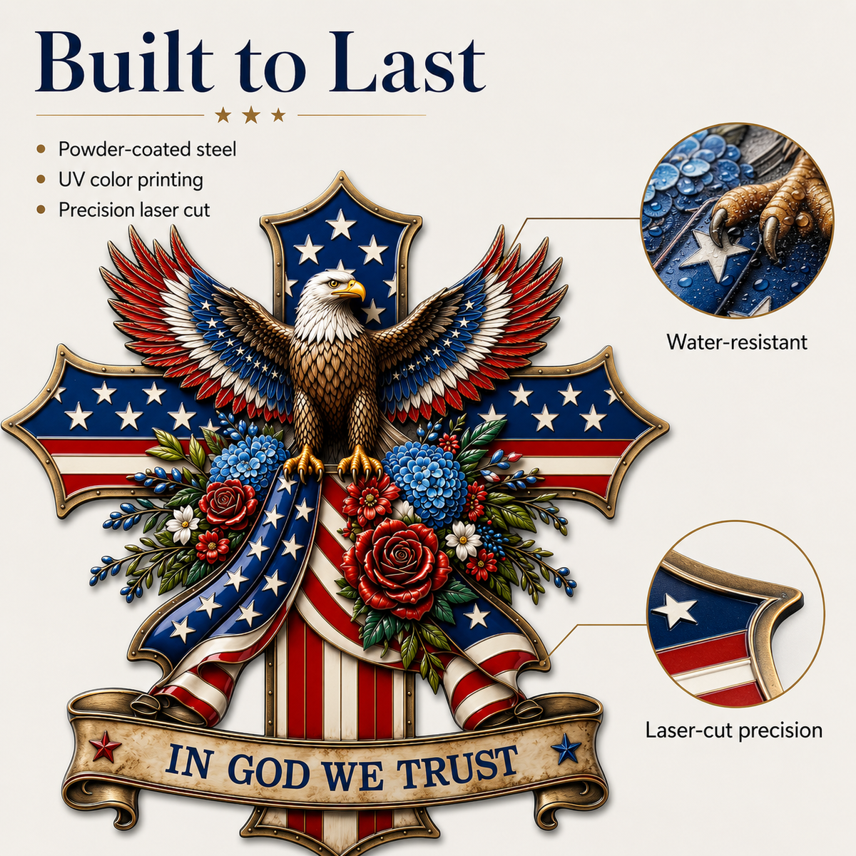 In God We Trust Patriotic Metal Sign, Personalized Eagle Cross LED Decor, American Flag Yard Sign for Garden — main 3