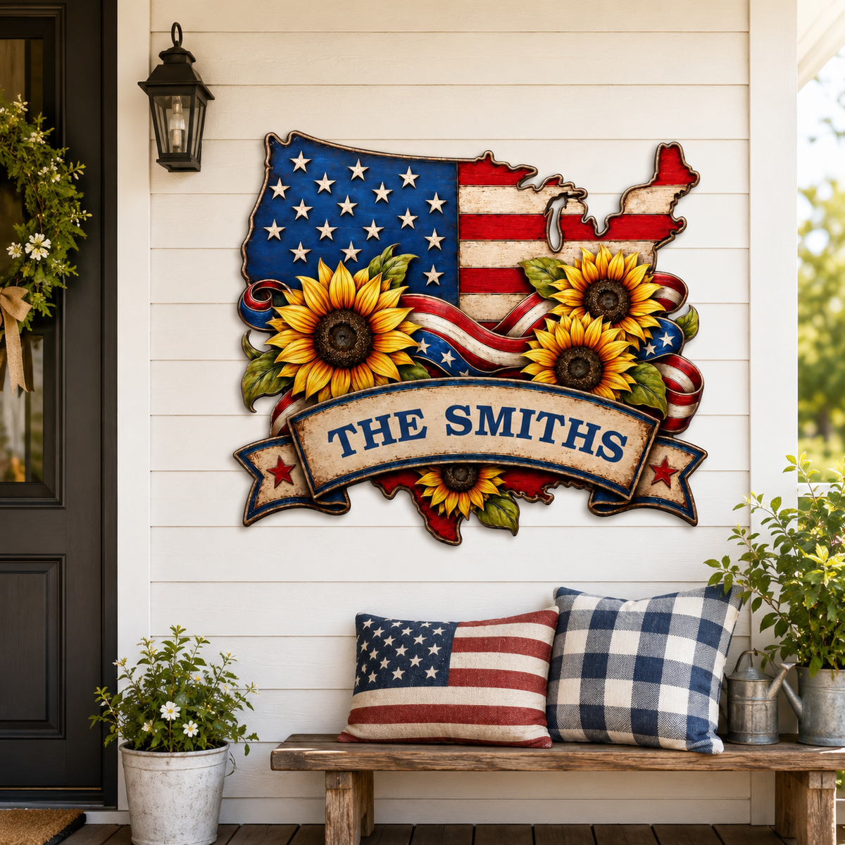 American Flag Metal Sign Personalized Family Name, USA Map Sunflower Patriotic Wall Decor, Custom LED Porch Sign Gift