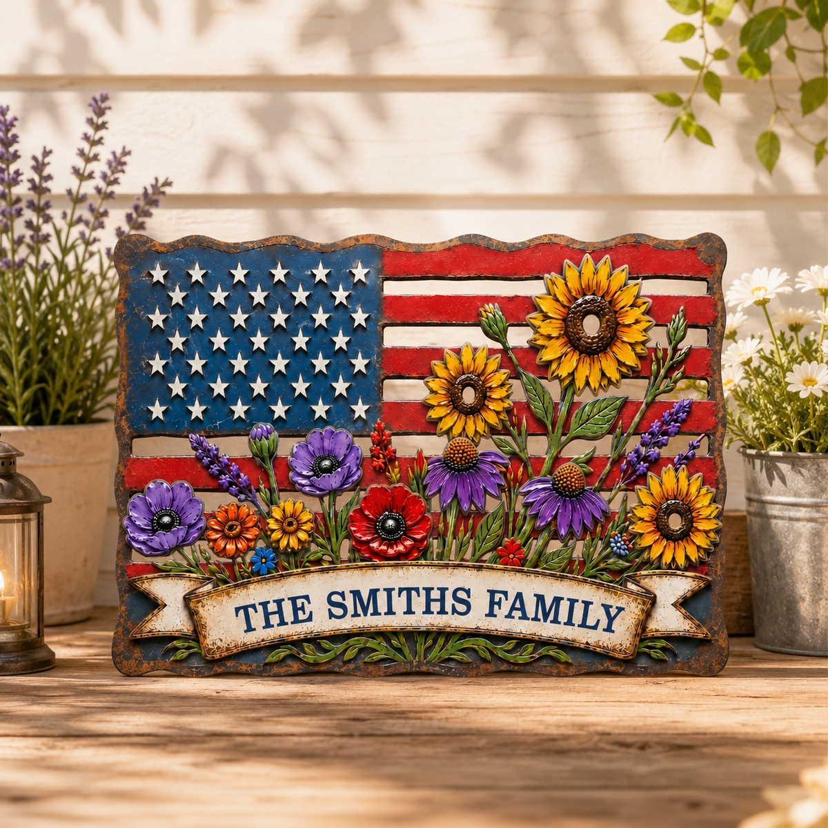 American Flag Wall Art, Personalized Patriotic Metal Sign with Flowers, Custom Family Banner, Porch Door Decor