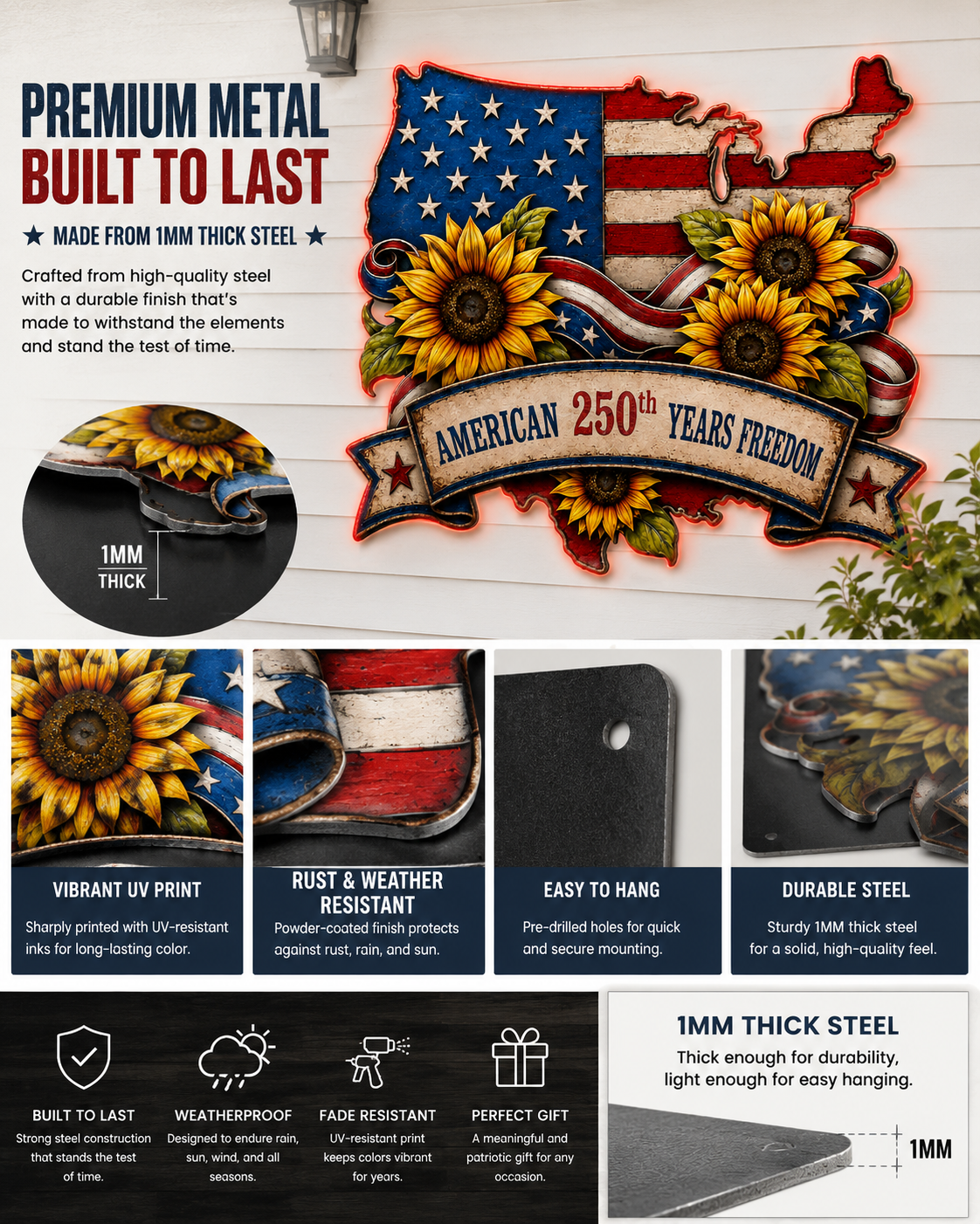 American Flag Metal Sign Personalized Family Name, USA Map Sunflower Patriotic Wall Decor, Custom LED Porch Sign Gift — Main 16