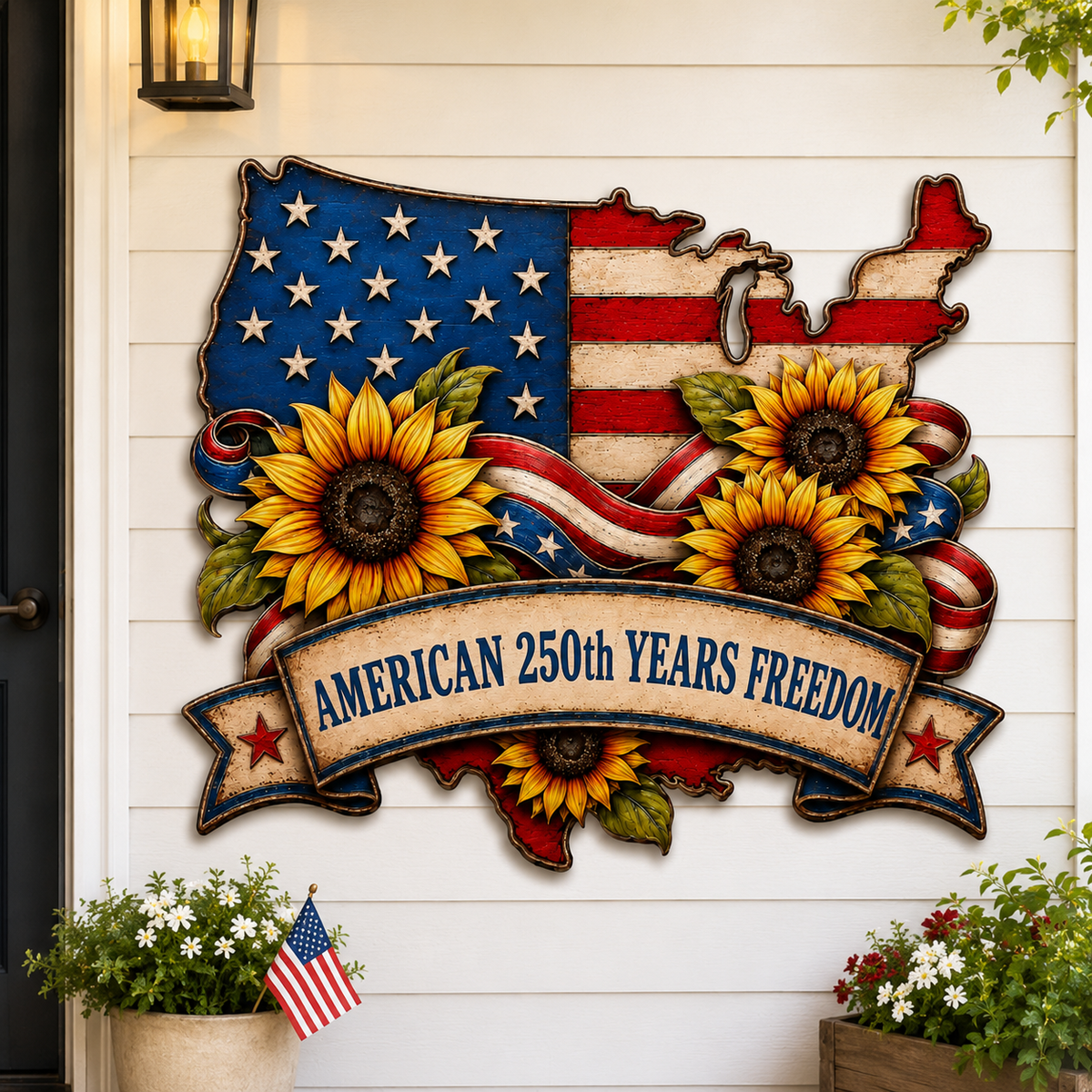American Flag Metal Sign Personalized Family Name, USA Map Sunflower Patriotic Wall Decor, Custom LED Porch Sign Gift — Main 13