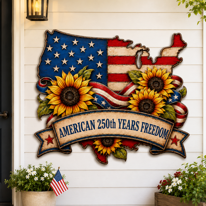 American Flag Metal Sign Personalized Family Name, USA Map Sunflower Patriotic Wall Decor, Custom LED Porch Sign Gift — Main 13
