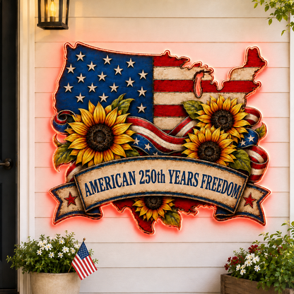 American Flag Metal Sign Personalized Family Name, USA Map Sunflower Patriotic Wall Decor, Custom LED Porch Sign Gift — Main 14