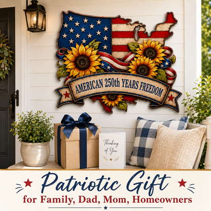 American Flag Metal Sign Personalized Family Name, USA Map Sunflower Patriotic Wall Decor, Custom LED Porch Sign Gift — Main 17