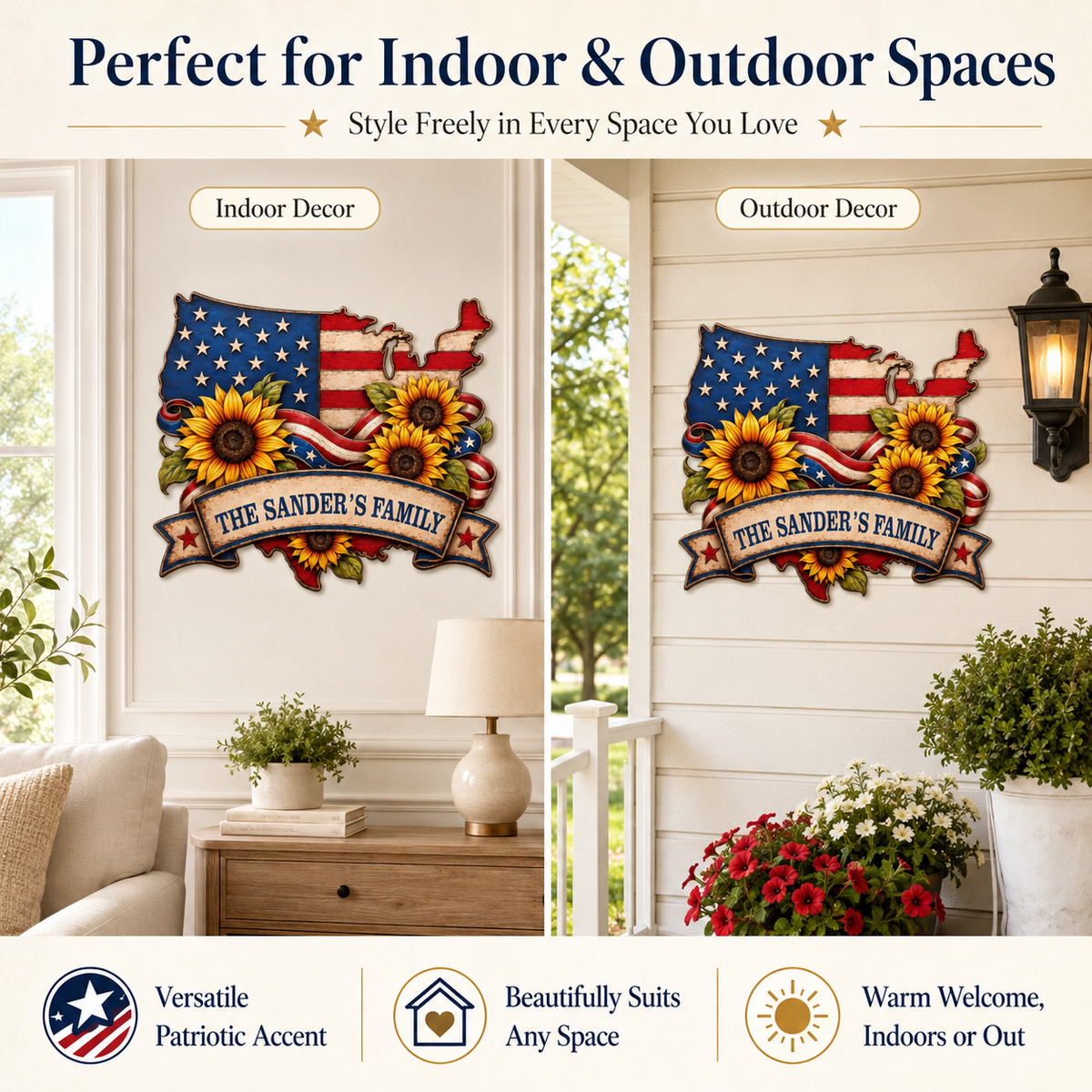 American Flag Metal Sign Personalized Family Name, USA Map Sunflower Patriotic Wall Decor, Custom LED Porch Sign Gift — main 8