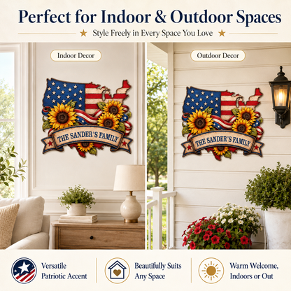 American Flag Metal Sign Personalized Family Name, USA Map Sunflower Patriotic Wall Decor, Custom LED Porch Sign Gift — main 8