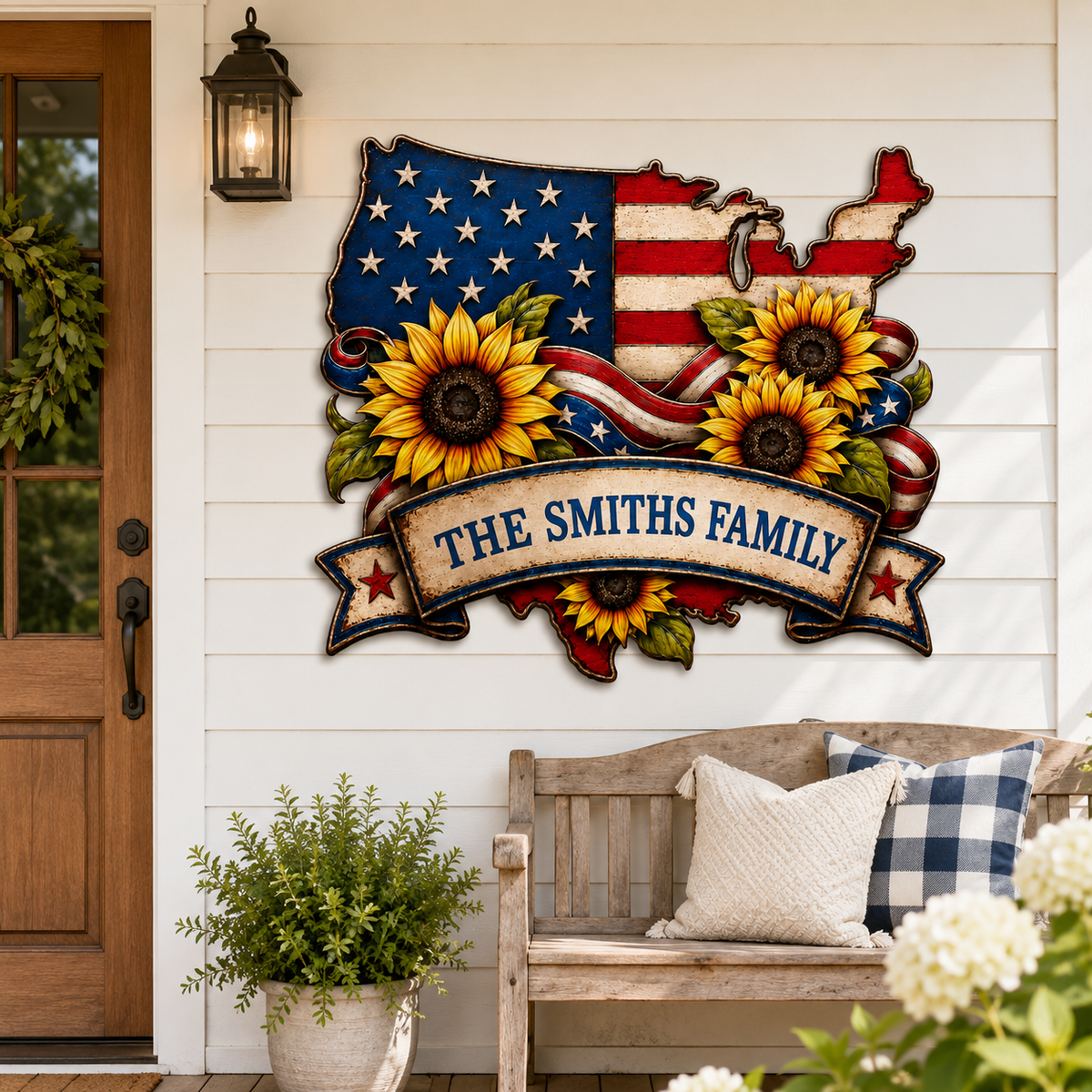 American Flag Metal Sign Personalized Family Name, USA Map Sunflower Patriotic Wall Decor, Custom LED Porch Sign Gift — Main 11