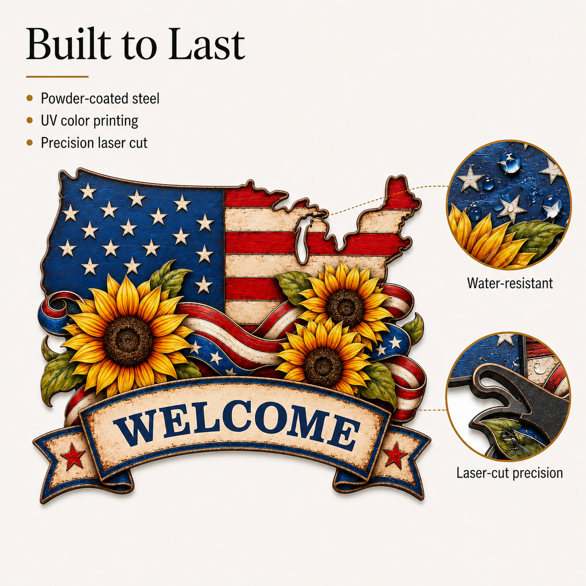 American Flag Metal Sign Personalized Family Name, USA Map Sunflower Patriotic Wall Decor, Custom LED Porch Sign Gift — main 3