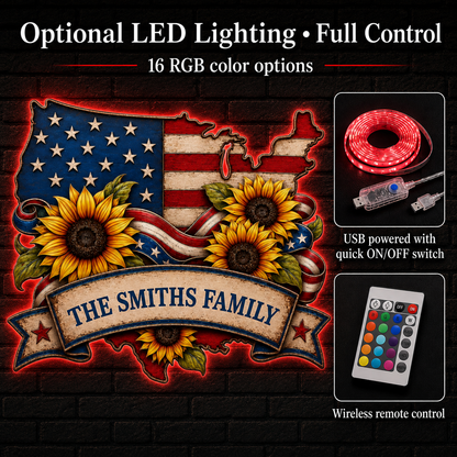 American Flag Metal Sign Personalized Family Name, USA Map Sunflower Patriotic Wall Decor, Custom LED Porch Sign Gift — main 9