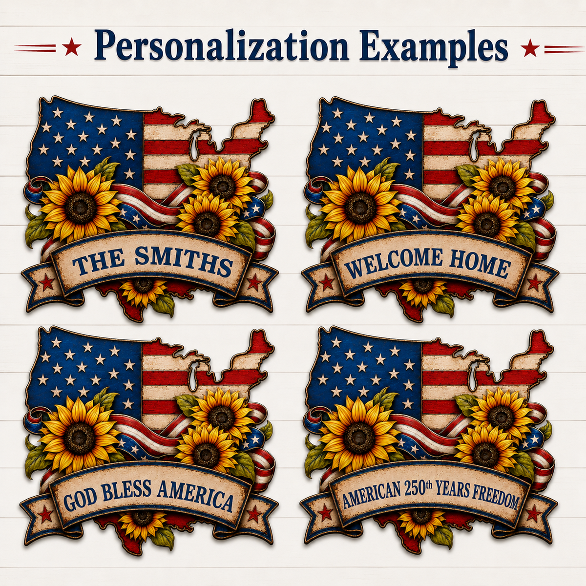 American Flag Metal Sign Personalized Family Name, USA Map Sunflower Patriotic Wall Decor, Custom LED Porch Sign Gift — Main 12