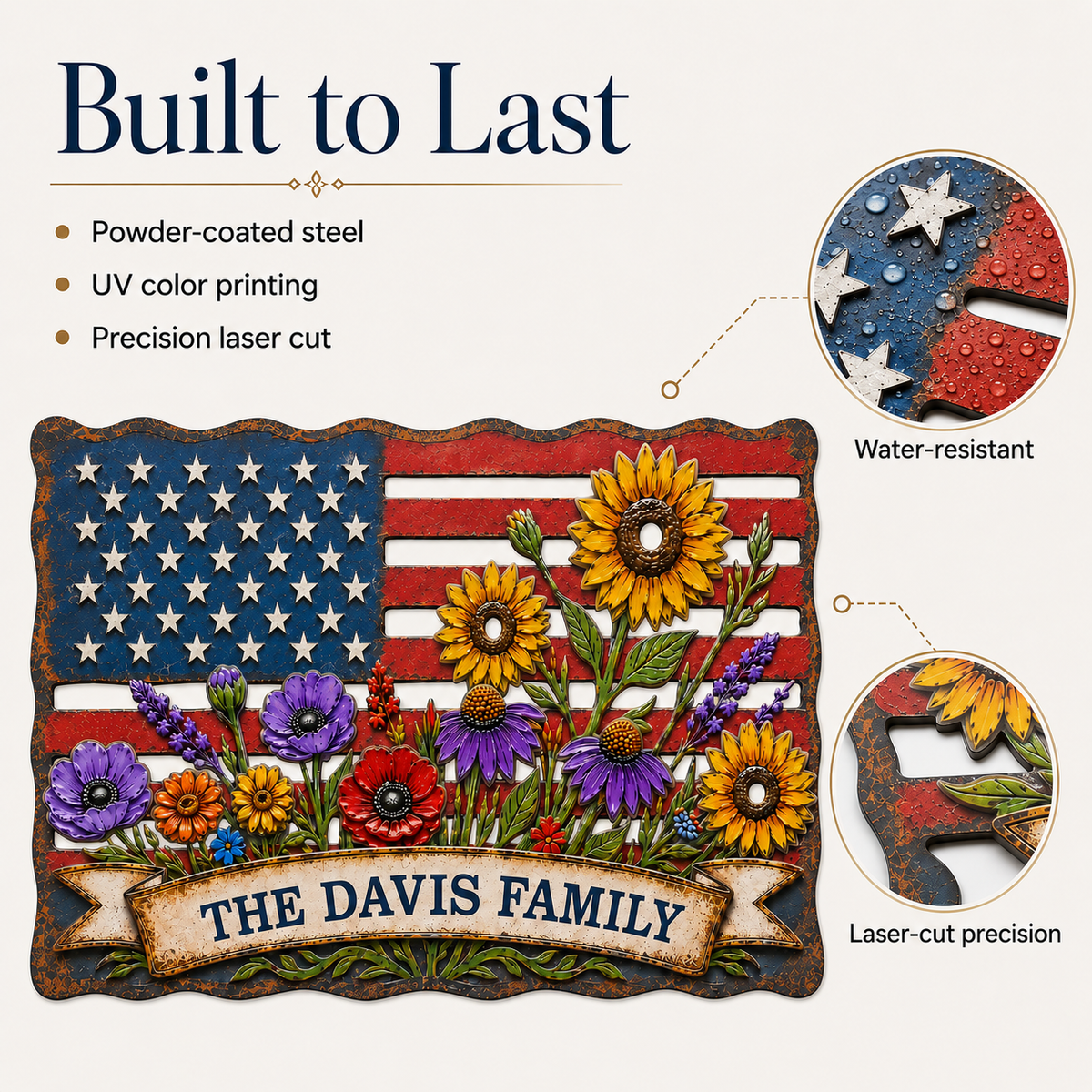 American Flag Wall Art, Personalized Patriotic Metal Sign with Flowers, Custom Family Banner, Porch Door Decor — main 3