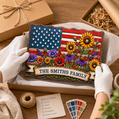 American Flag Wall Art, Personalized Patriotic Metal Sign with Flowers, Custom Family Banner, Porch Door Decor — Main 15