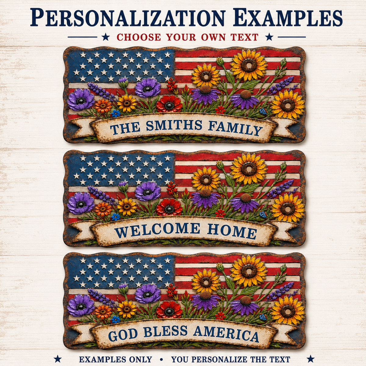 American Flag Wall Art, Personalized Patriotic Metal Sign with Flowers, Custom Family Banner, Porch Door Decor — Main 11