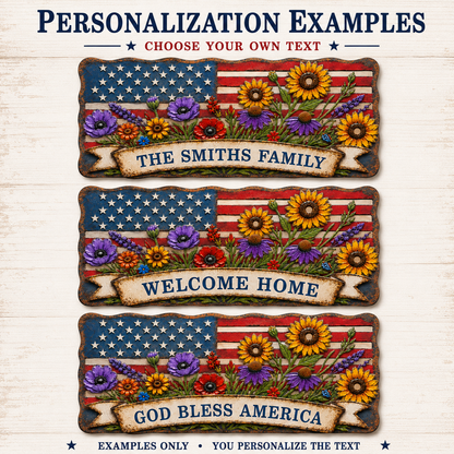 American Flag Wall Art, Personalized Patriotic Metal Sign with Flowers, Custom Family Banner, Porch Door Decor — Main 11