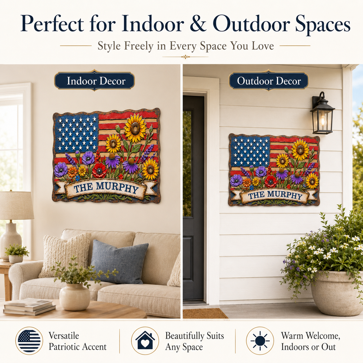 American Flag Wall Art, Personalized Patriotic Metal Sign with Flowers, Custom Family Banner, Porch Door Decor — main 8