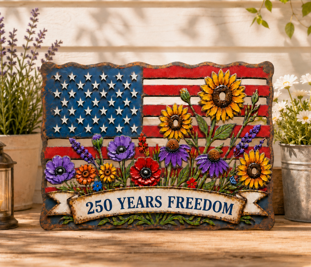 American Flag Wall Art, Personalized Patriotic Metal Sign with Flowers, Custom Family Banner, Porch Door Decor — Main 17