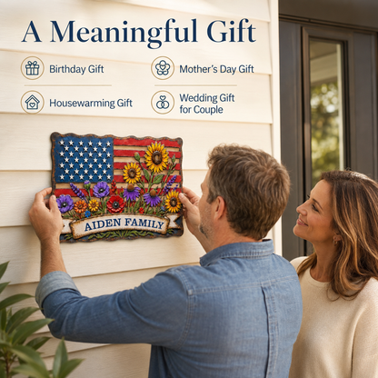 American Flag Wall Art, Personalized Patriotic Metal Sign with Flowers, Custom Family Banner, Porch Door Decor — main 6
