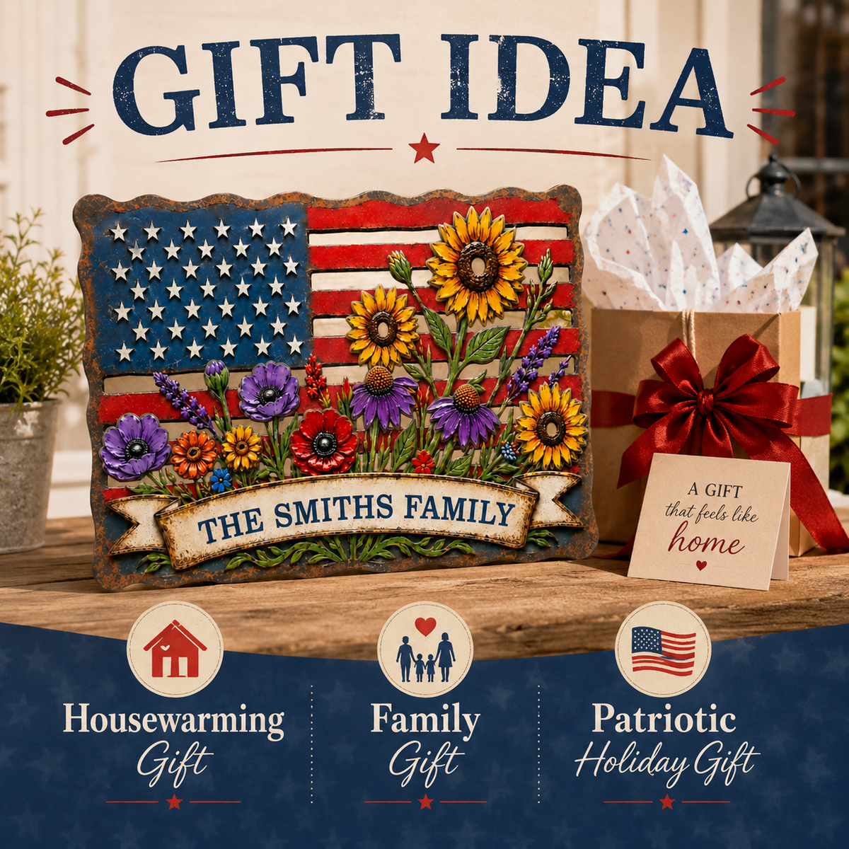 American Flag Wall Art, Personalized Patriotic Metal Sign with Flowers, Custom Family Banner, Porch Door Decor — Main 13