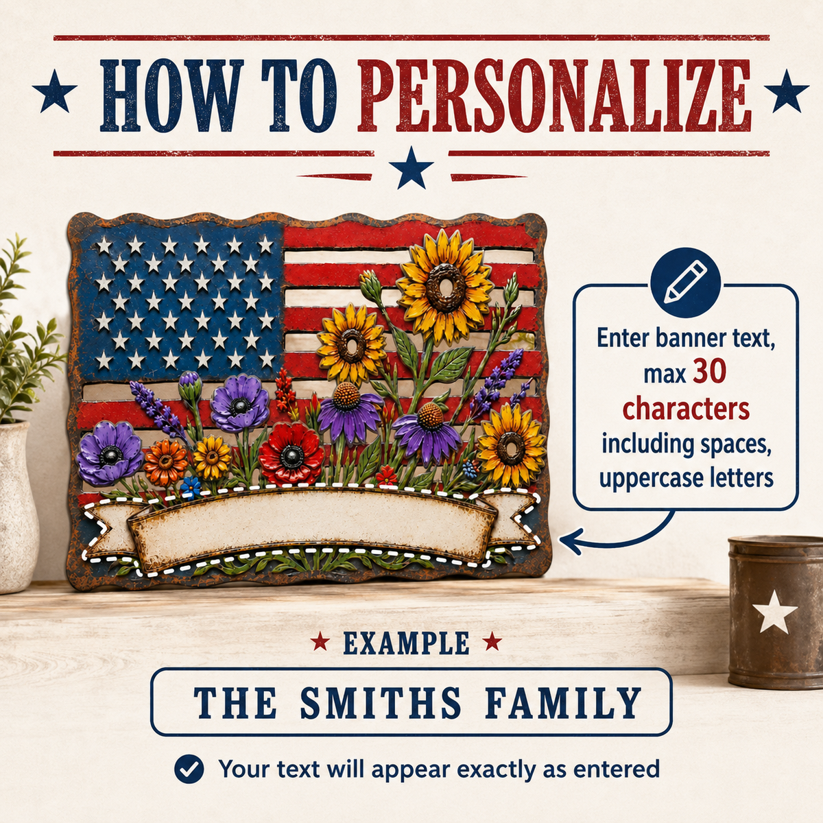 American Flag Wall Art, Personalized Patriotic Metal Sign with Flowers, Custom Family Banner, Porch Door Decor — Main 14