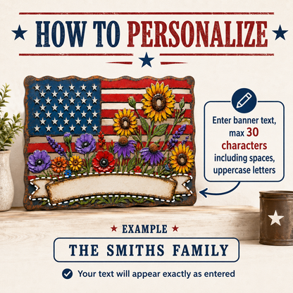 American Flag Wall Art, Personalized Patriotic Metal Sign with Flowers, Custom Family Banner, Porch Door Decor — Main 14