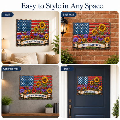 American Flag Wall Art, Personalized Patriotic Metal Sign with Flowers, Custom Family Banner, Porch Door Decor — main 10