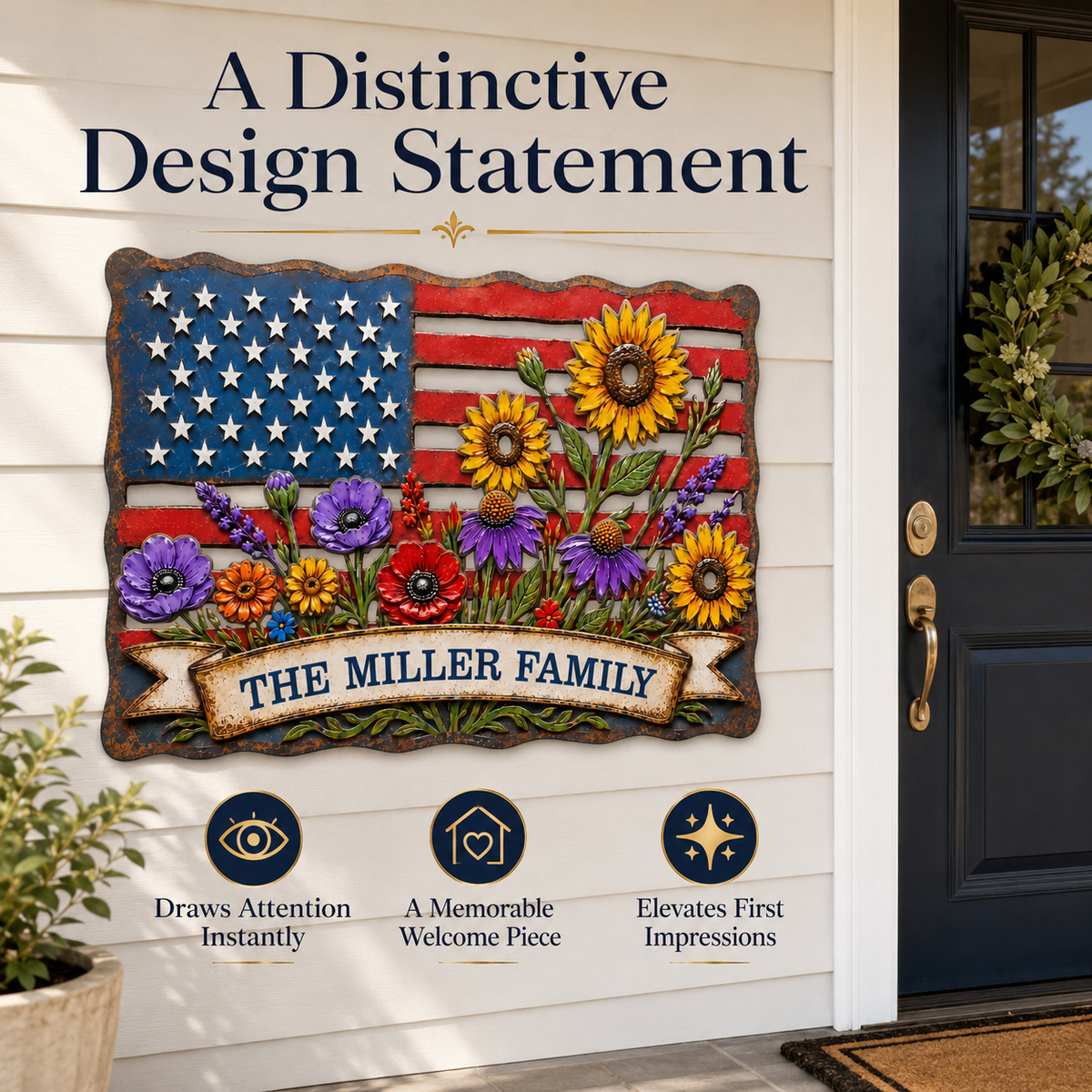 American Flag Wall Art, Personalized Patriotic Metal Sign with Flowers, Custom Family Banner, Porch Door Decor — main 4