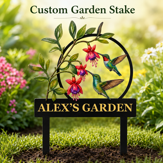 Personalized Hummingbird Garden Stake Fuchsia Flower Garden Decor Custom Garden Name Sign Bird Lover Gift