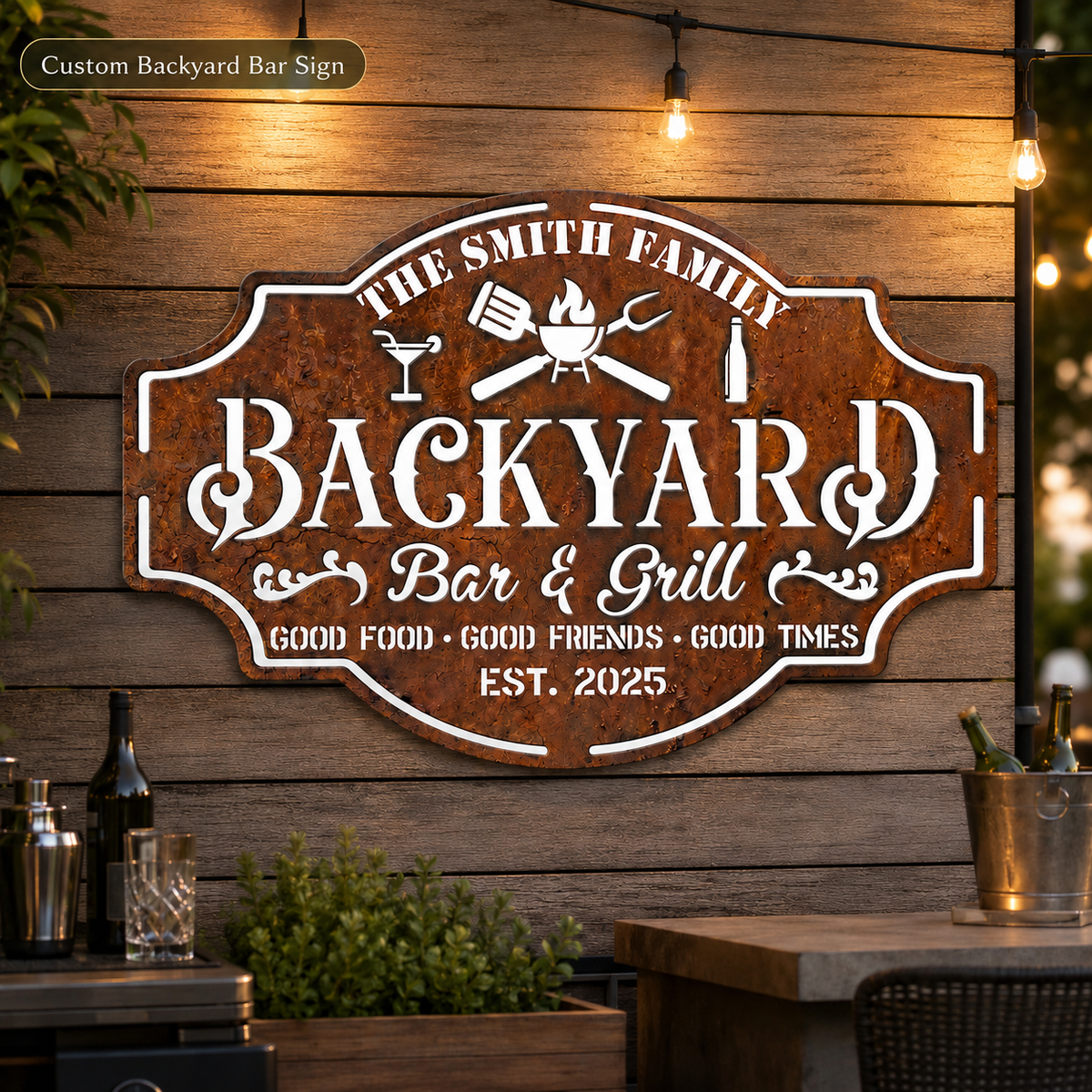 Personalized Backyard Bar & Grill Metal Sign, Custom Family Name Wall Decor, Rustic Patio BBQ Sign with Optional LED
