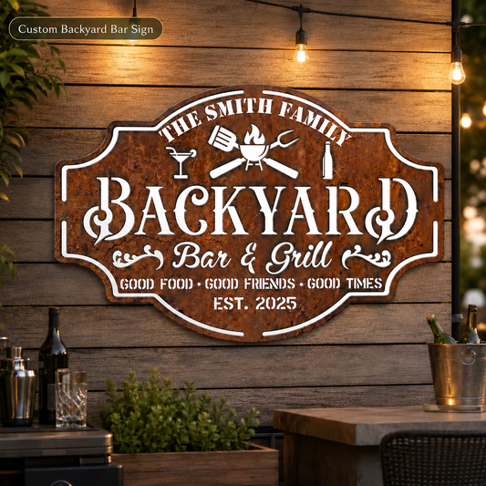 Personalized Backyard Bar & Grill Metal Sign, Custom Family Name Wall Decor, Rustic Patio BBQ Sign with Optional LED