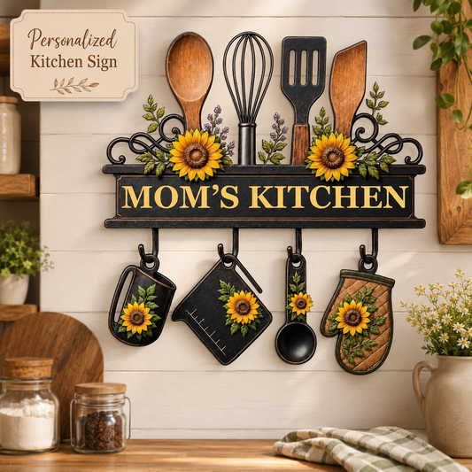 Personalized Mom’s Kitchen Metal Sign, Custom Kitchen Wall Decor, Sunflower Utensil Sign, Mother’s Day Gift with LED