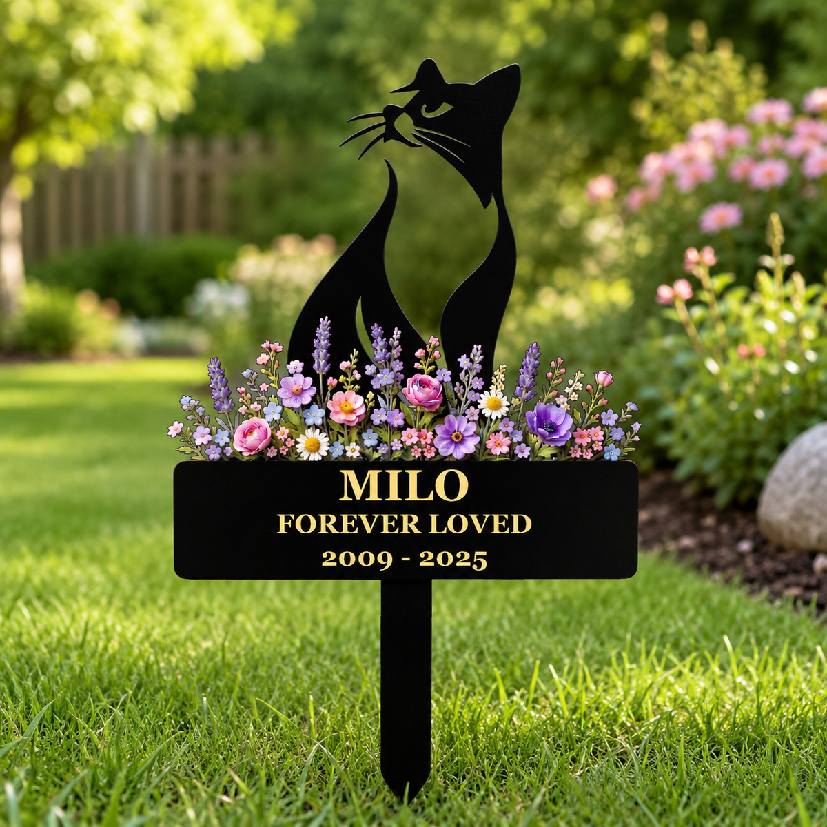 Cat Memorial Garden Stake, Personalized Metal Pet Loss Gift for Cat Dad, Custom Floral Cat Remembrance Yard Decor