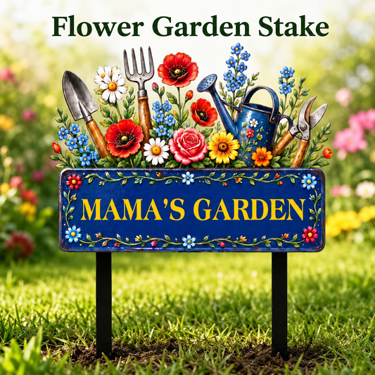 Custom Mama’s Garden Metal Stake, Personalized Floral Garden Tool Yard Sign, Flower Garden Decor, Gift for Mom Grandma --- Metal Garden Art Flower Garden Stake, Custom Text Garden Sign, Personalized Metal Garden Stake Gift for Mom, 1 or 2 Side UV Print — 1