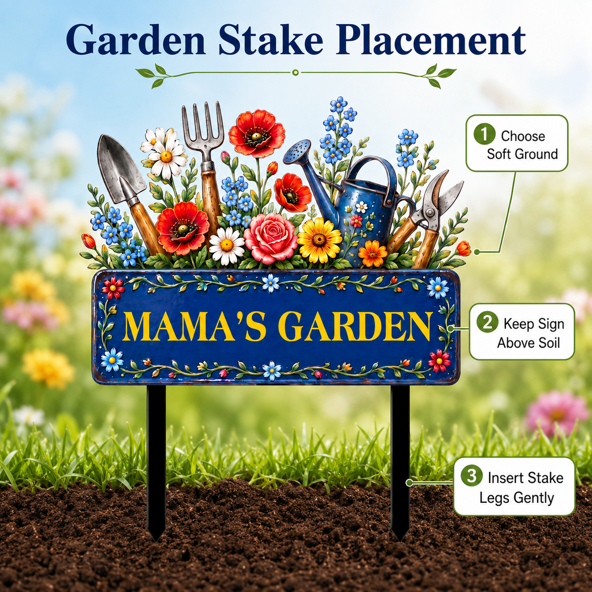 Custom Mama’s Garden Metal Stake, Personalized Floral Garden Tool Yard Sign, Flower Garden Decor, Gift for Mom Grandma --- Metal Garden Art Flower Garden Stake, Custom Text Garden Sign, Personalized Metal Garden Stake Gift for Mom, 1 or 2 Side UV Print — 10
