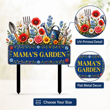 Custom Mama’s Garden Metal Stake, Personalized Floral Garden Tool Yard Sign, Flower Garden Decor, Gift for Mom Grandma --- Metal Garden Art Flower Garden Stake, Custom Text Garden Sign, Personalized Metal Garden Stake Gift for Mom, 1 or 2 Side UV Print — 2
