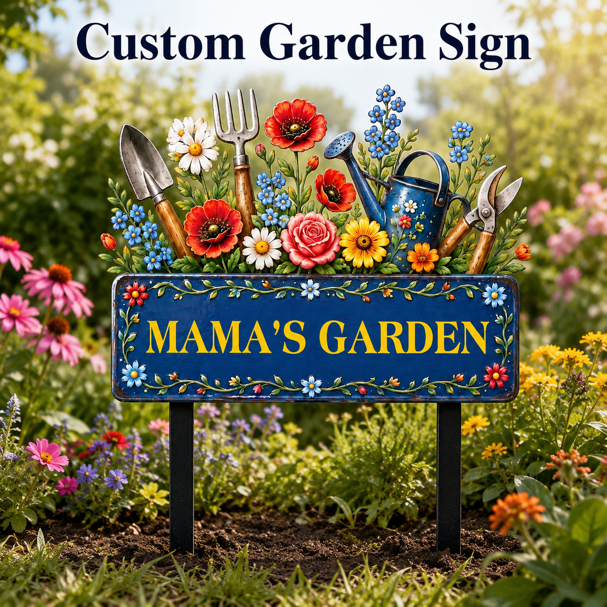 Custom Mama’s Garden Metal Stake, Personalized Floral Garden Tool Yard Sign, Flower Garden Decor, Gift for Mom Grandma --- Metal Garden Art Flower Garden Stake, Custom Text Garden Sign, Personalized Metal Garden Stake Gift for Mom, 1 or 2 Side UV Print — 3