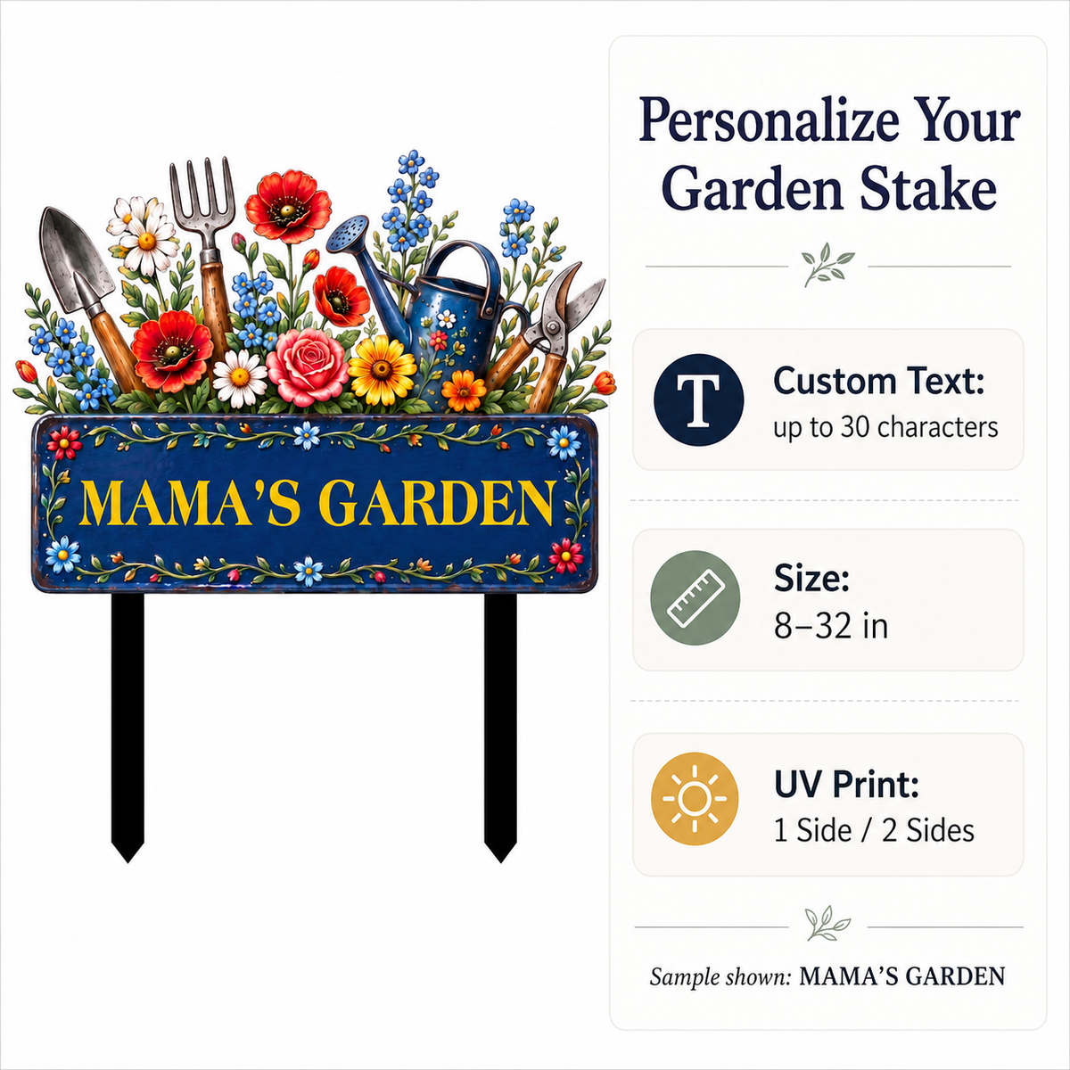 Custom Mama’s Garden Metal Stake, Personalized Floral Garden Tool Yard Sign, Flower Garden Decor, Gift for Mom Grandma --- Metal Garden Art Flower Garden Stake, Custom Text Garden Sign, Personalized Metal Garden Stake Gift for Mom, 1 or 2 Side UV Print — 5