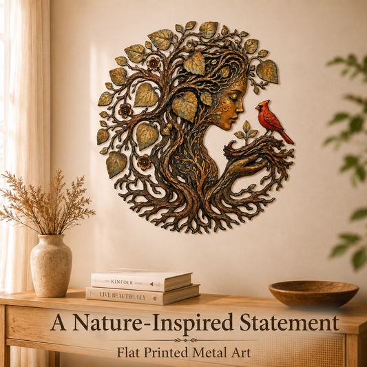 Mother Earth Metal Wall Art, Tree of Life Goddess Decor, Cardinal Bird Botanical Wall Decor, Nature Lover Gift, With or Without LED