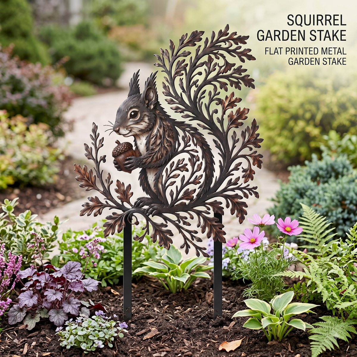 Squirrel Garden Stake Metal Yard Art Wildlife Garden Decor Botanical Outdoor Yard Art Squirrel Gift Flat Printed Metal Art