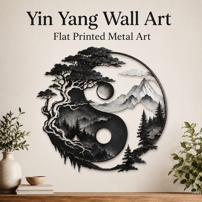 Yin Yang Metal Wall Decor, Mountain and Tree Wall Art, Zen Nature Wall Sign, Rustic Landscape Home Decor With LED