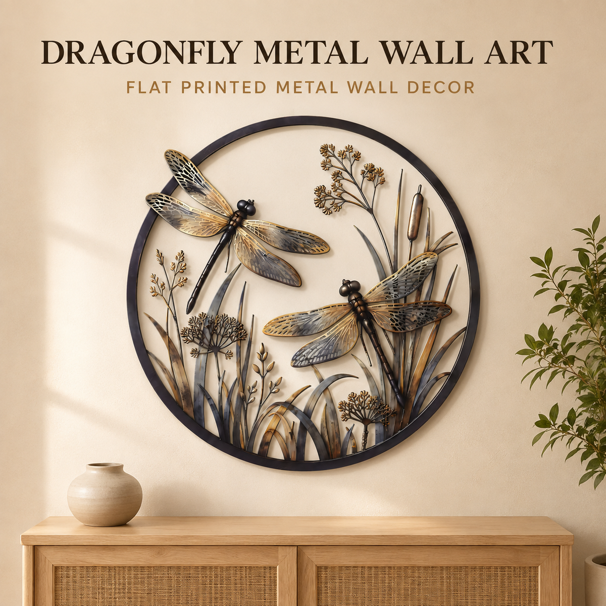Dragonfly botanical printed metal wall art displayed above a wood console