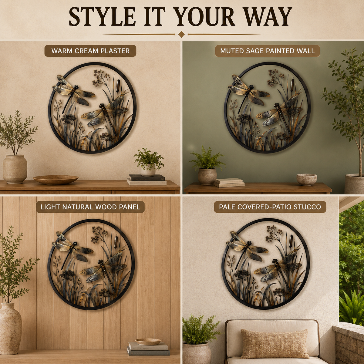 Dragonfly botanical wall art styled on four interior and patio surfaces