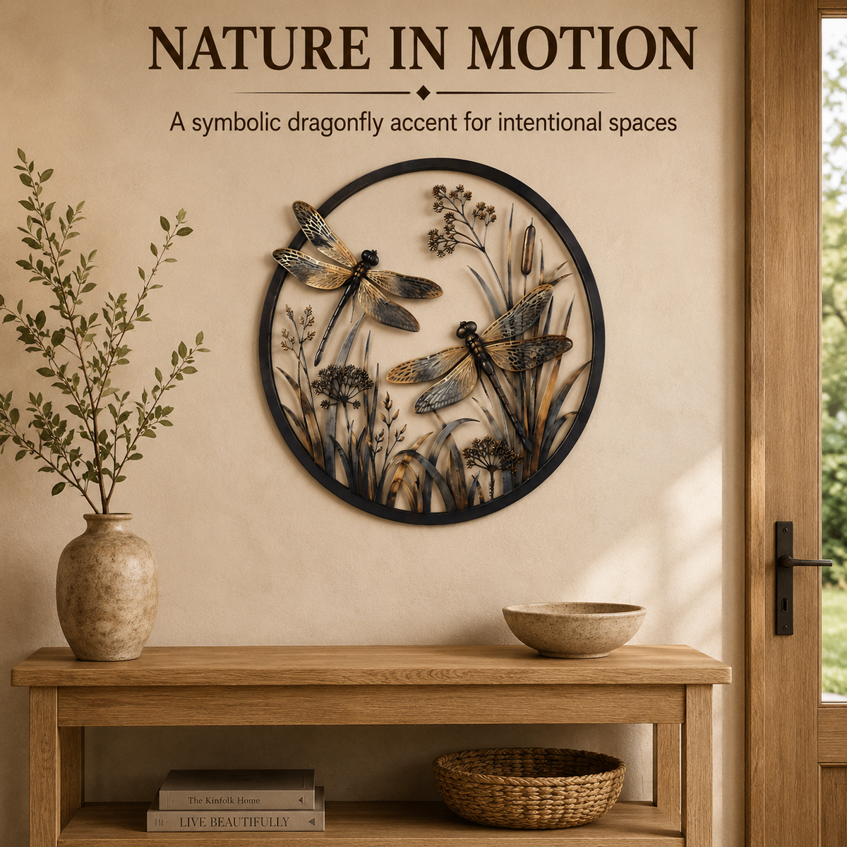 Round dragonfly botanical metal wall art above a minimalist console