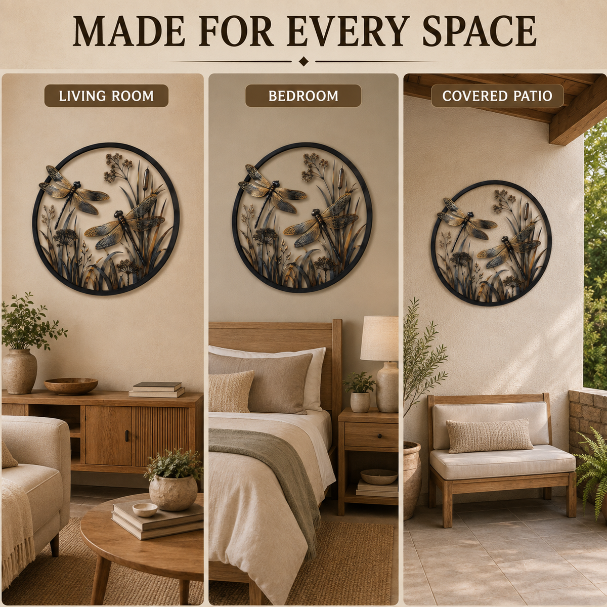 Dragonfly wall art shown in living room bedroom and covered patio settings